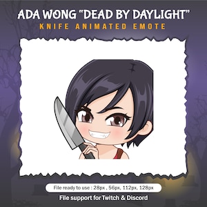 May include: Animated emote featuring Ada Wong from the video game "Dead by Daylight" holding a knife. The emote is in a chibi style with a white background.