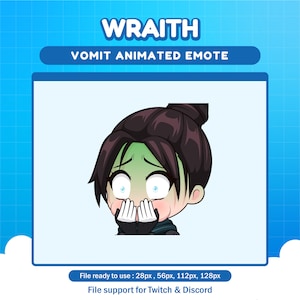 May include: Animated emote of a cartoon character with green skin and wide eyes, looking distressed. The character has dark brown hair in a bun and is wearing a black jacket with a white collar. The text "WRAITH VOMIT ANIMATED EMOTE" is above the character. The text "File ready to use: 28px, 56px, 112px, 128px" is below the character. The text "File support for Twitch & Discord" is below the previous text.