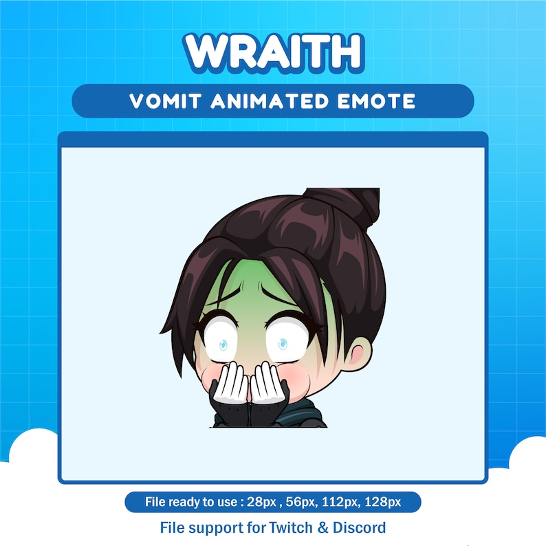 May include: Animated emote of a cartoon character with green skin and wide eyes, looking distressed. The character has dark brown hair in a bun and is wearing a black jacket with a white collar. The text "WRAITH VOMIT ANIMATED EMOTE" is above the character. The text "File ready to use: 28px, 56px, 112px, 128px" is below the character. The text "File support for Twitch & Discord" is below the previous text.