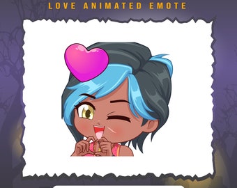 Op de afbeelding: Geanimeerde emoticon van een vrouw met blauw haar en bruine huid die knipoogt en haar handen in een hartvorm bij elkaar houdt. Een roze hart zweeft boven haar hoofd. De tekst "HADDIE KAUR" staat boven de afbeelding en "LOVE ANIMATED EMOTE" staat onder de afbeelding.