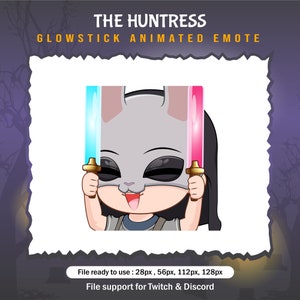 Könnte beinhalten: Animiertes Emoji eines Mädchens, das eine graue Hasenmaske trägt und zwei leuchtende Leuchtstäbe hält, einen blauen und einen rosa. Der Text "THE HUNTRESS GLOWSTICK ANIMATED EMOTE" befindet sich über dem Bild. Der Text "File ready to use: 28px, 56px, 112px, 128px File support for Twitch & Discord" befindet sich unter dem Bild.
