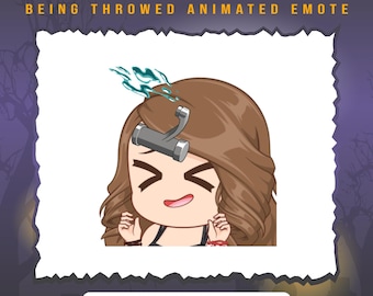 May include: Animated emote of a cartoon woman with brown hair and a surprised expression. She is wearing a black shirt and has a pipe wrench on her head. The text "DENSON BEING THROWED ANIMATED EMOTE" is above the image. The text "File ready to use: 28px, 56px, 112px, 128px" is below the image. The text "File support for Twitch & Discord" is below the first text.