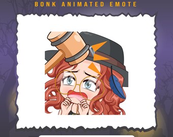 May include: Animated Twitch and Discord emote featuring a cartoon woman with red hair, wearing glasses and a hat, being bonked on the head with a gavel. The text "MIKAELA REID BONK ANIMATED EMOTE" is at the top of the image.