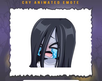 May include: Animated emoji of Sadako from the movie "The Ring" with a crying expression. The emoji is in a chibi style with large eyes and a small body. The background is a dark purple with a white border.