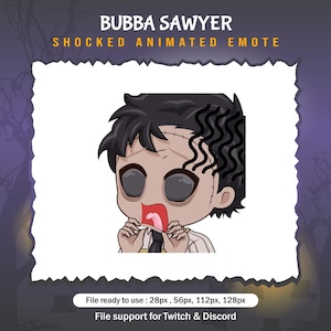 May include: Animated emoji of a cartoon character with stitched skin and a shocked expression. The character has black hair and is wearing a white shirt with a black tie. The text "BUBBA SAWYER SHOCKED ANIMATED EMOTE" is above the character.