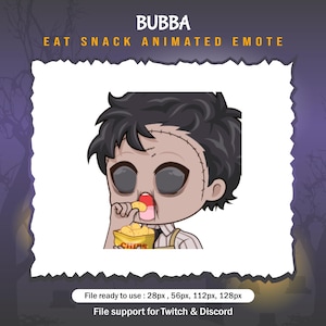 May include: Animated emote featuring a cartoon character, with black hair and stitched facial features, eating chips from a yellow bag. The text "BUBBA EAT SNACK ANIMATED EMOTE" is at the top. The image is designed for Twitch and Discord use.