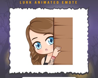 May include: Animated emoticon of a young woman peeking from behind a wooden door. The emoticon is designed for use on Twitch and Discord.