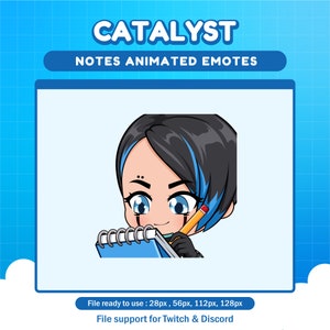 May include: Animated emoji of a blue-haired person with a blue notebook and a yellow pencil. The person is writing in the notebook. The text "CATALYST NOTES ANIMATED EMOTES" is at the top of the image.