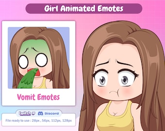 May include: Girl Animated Emotes featuring a cartoon girl with brown hair. One image shows the girl vomiting green liquid, the other shows her looking distressed. Text includes "Vomit Emotes" and platform logos.