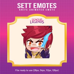 Pode incluir: Uma emote animada com um personagem de League of Legends segurando uma faca azul. O personagem tem cabelo ruivo e uma expressão zangada. O texto diz "SETT EMOTES" e "KNIFE ANIMATED EMOTE". O logotipo do League of Legends também está presente.