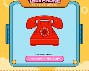Pode incluir: Um telefone vermelho de disco com um dial preto e um botão branco. O telefone está sobre um fundo azul com uma borda amarela. O texto "TELEPHONE ANIMATED EMOTES" está na parte superior da imagem. O texto "FILE READY TO USE: 28px, 56px, 112px, 128px" está na parte inferior da imagem.