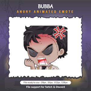 May include: Animated emoji of a stitched-up cartoon character with black hair, red skin, and angry facial expression. The character is wearing a white shirt with a black tie and has a red cross mark above its head. The text "BUBBA" is above the character and the text "ANGRY ANIMATED EMOTE" is below the character.