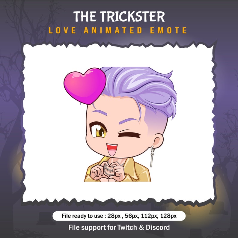 May include: Animated emoticon of a cartoon character with purple hair, winking and holding a heart in their hands. The character is wearing a yellow jacket and a silver necklace. The background is a dark gray with a white border.
