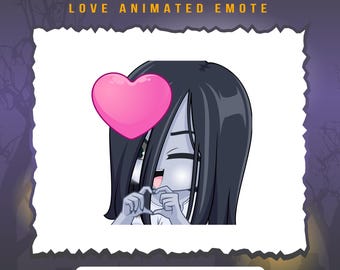 May include: Animated emoji of a girl with long black hair, wearing a white shirt, making a heart shape with her hands. A pink heart is floating above her head. The text "SADAKO LOVE ANIMATED EMOTE" is at the top of the image. The text "File ready to use: 28px, 56px, 112px, 128px" is at the bottom of the image. The text "File support for Twitch & Discord" is below the previous text.