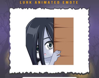 May include: Animated Twitch and Discord emote featuring a cartoon Sadako character peeking from behind a wooden wall. The character has long black hair, a white dress, and a pale blue complexion.