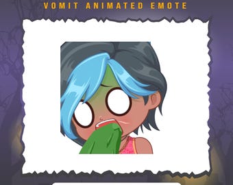 May include: Animated emoticon of a cartoon character with blue hair and green skin, making a disgusted face and holding a green object in front of their mouth. The text "HADDIE KAUR VOMIT ANIMATED EMOTE" is above the image.