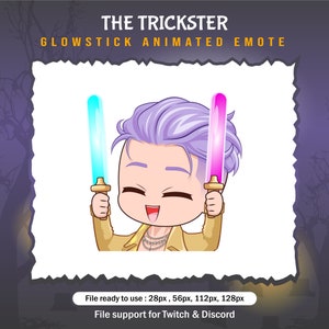May include: Animated emote featuring a cartoon character with purple hair, holding a blue and pink glowstick. The character is smiling and wearing a gold jacket. Text at the top reads "THE TRICKSTER GLOWSTICK ANIMATED EMOTE".