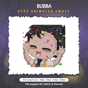 May include: Animated emoji of a cartoon character with green hair, stitched skin, and a yellow shirt with a tie. The character is smiling with their eyes closed and confetti is falling around them. The text "BUBBA HYPE ANIMATED EMOTE" is above the character.