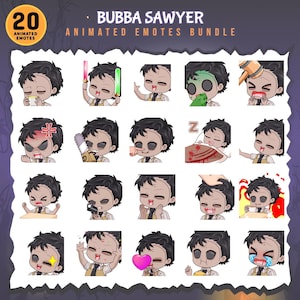 May include: A digital art bundle featuring 20 animated emotes of a character with black hair and a pale complexion. The emotes depict various expressions and actions, including holding a chainsaw, drinking, and showing anger. Text reads "BUBBA SAWYER ANIMATED EMOTES BUNDLE".