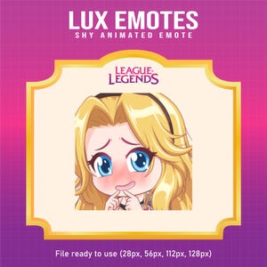 Puede incluir: Gráfico digital de un emote animado tímido con cabello rubio, ojos azules y un rubor. La imagen incluye el texto "LUX EMOTES" y "SHY ANIMATED EMOTE", además del logotipo de "League of Legends". El archivo está listo para usar en varios tamaños.