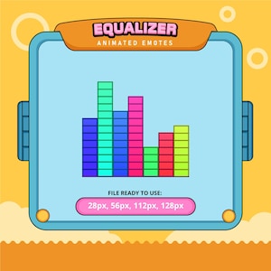 Puede incluir: Gráfico de ecualizador animado con un gráfico de barras azul, verde, turquesa, rosa, verde, rojo y amarillo. El gráfico está dentro de un marco azul con un borde amarillo y el texto "EQUALIZER ANIMATED EMOTES" en la parte superior. El texto "FILE READY TO USE: 28px, 56px, 112px, 128px" está debajo del gráfico.