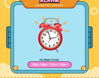 May include: A red alarm clock with a white face and black hands is ringing. The clock is surrounded by yellow lightning bolts. The text "ALARM ANIMATED EMOTES" is above the clock. The text "FILE READY TO USE: 28px, 56px, 112px, 128px" is below the clock.