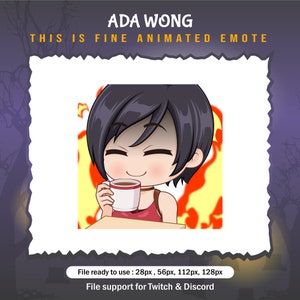 May include: Animated digital illustration of a woman with black hair and a red shirt holding a cup of coffee. The background is a yellow and orange flame. The text "THIS IS FINE ANIMATED EMOTE" is at the top of the image.