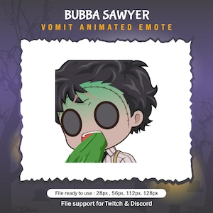 May include: Animated emoji of a green-skinned character with black hair, wearing a white shirt, vomiting green goo. The text "Bubba Sawyer Vomit Animated Emote" is above the character.