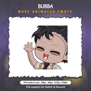 May include: Animated Twitch and Discord emote featuring a cartoon character with green skin, black hair, and stitches on his face. The character is waving with a big smile and his tongue sticking out. The text "BUBBA WAVE ANIMATED EMOTE" is displayed above the character.