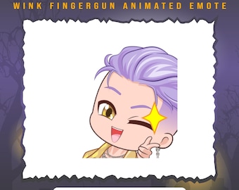 May include: Animated Twitch and Discord emote featuring a cartoon character with purple hair, a yellow shirt, and a wink. The character is pointing a finger gun and has a star above their eye.