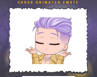 May include: Animated emoticon of a purple-haired person with a yellow jacket shrugging their shoulders. The text "TRICKSTER SHRUG ANIMATED EMOTE" is at the top of the image. The text "File ready to use: 28px, 56px, 112px, 128px" is at the bottom of the image. The text "File support for Twitch & Discord" is at the bottom of the image.