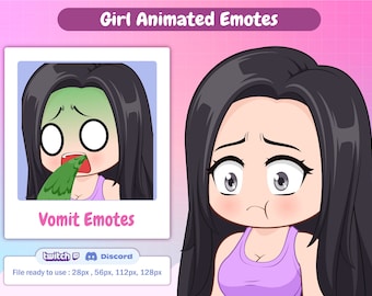 May include: Animated emoji set featuring a girl with black hair and a purple tank top. The girl is shown with two different expressions: one with a green face and vomit coming out of her mouth, and the other with a sad expression. The text "Vomit Emotes" is below the images. The text "twitch" and "Discord" are below the text "Vomit Emotes". The text "File ready to use: 28px, 56px, 112px, 128px" is below the logos.