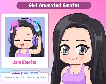 May include: Animated emote of a girl with black hair wearing headphones and a purple tank top. She is smiling and has pink and blue musical notes around her head. The text "Jam Emotes" is below the image. The text "twitch" and "Discord" are below the text "Jam Emotes". The text "File ready to use: 28px, 56px, 112px, 128px" is below the logos.