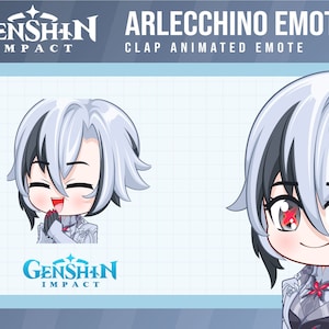 Op de afbeelding: Digitale illustratie met Arlecchino emotes uit Genshin Impact. De afbeelding toont twee cartoon illustraties van een personage met wit haar en zwarte strepen, rode ogen en een witte outfit. De tekst "Arlecchino Emotes" en "Clap Animated Emote" worden weergegeven.