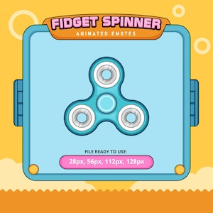 Puede incluir: Un spinner de fidget azul con tres anillos plateados. El spinner está sobre un fondo azul claro con un borde blanco. El texto "FIDGET SPINNER ANIMATED EMOTES" está en la parte superior de la imagen. El texto "FILE READY TO USE: 28px, 56px, 112px, 128px" está en la parte inferior de la imagen.