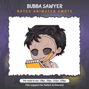 May include: Animated emoji of a stitched-up character with black hair, wearing a white shirt, holding a pencil and a yellow notepad with a spiral binding. The text "NOTES ANIMATED EMOTE" is above the character.