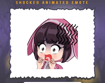 Op de afbeelding: Geanimeerde emoji van een meisje met roze haar en een roze capuchontrui, met een geschokte uitdrukking en golvende lijnen boven haar hoofd. De tekst "FENG MIN" en "SHOCKED ANIMATED EMOTE" staat boven de afbeelding.
