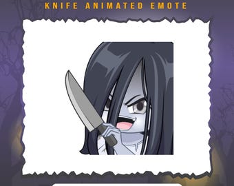 May include: Animated emoji of a girl with long black hair holding a knife. The girl has a creepy smile and is wearing a white shirt. The text "SADAKO" and "KNIFE ANIMATED EMOTE" is above the image. The text "File ready to use: 28px, 56px, 112px, 128px" and "File support for Twitch & Discord" is below the image.