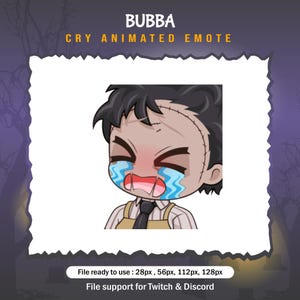 May include: An animated emote featuring a crying character with black hair, stitched forehead, and a tan apron. The emote has blue tears and a sad expression. The text "BUBBA CRY ANIMATED EMOTE" is at the top.