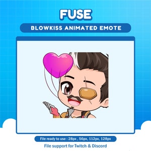 Pode incluir: Emoticon animado de um personagem de desenho animado com bigode e um tapa-olho, soprando um coração rosa. O personagem está vestindo um colete marrom e uma camisa vermelha. O texto "FUSE BLOWKISS ANIMATED EMOTE" está acima do personagem. O texto "File ready to use: 28px, 56px, 112px, 128px" está abaixo do personagem. O texto "File support for Twitch & Discord" está abaixo do texto anterior.