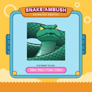 Peut inclure: Un serpent vert aux yeux jaunes est enroulé, regardant directement le spectateur. Le serpent est dans un style cartoon et a une expression menaçante. L'image est intitulée "Snake Ambush" et "Animated Emotes".