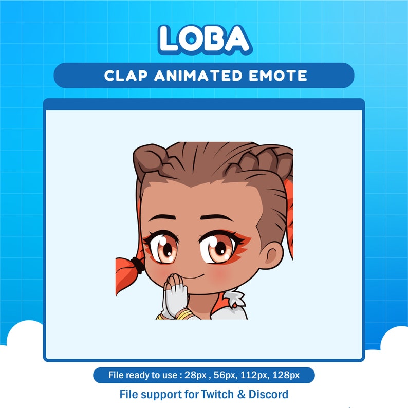 Puede incluir: Emoji animado de Loba de Apex Legends aplaudiendo. El emoji est&aacute; en estilo chibi con ojos grandes y una gran sonrisa. El fondo es azul.
