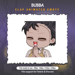 May include: Animated emoji of a cartoon character with stitched skin, wearing a yellow apron and a striped shirt, clapping their hands together. The character has a stitched-up forehead and is smiling with their eyes closed. The text "BUBBA CLAP ANIMATED EMOTE" is above the character.