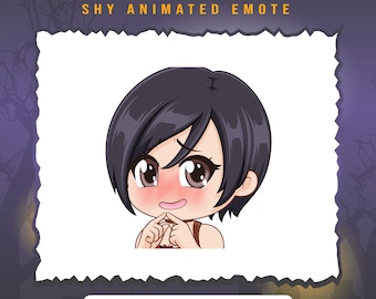 May include: Animated emoticon of a woman with short black hair, blushing with a shy expression. She is looking down and smiling slightly, with her hands clasped together in front of her.