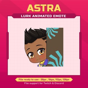 Puede incluir: Emoticono animado de Astra de Valorant asomándose por una esquina. El emoticono está en estilo chibi con ojos grandes y tono de piel marrón. El fondo es un patrón de cuadrícula.