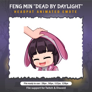 Op de afbeelding: Geanimeerde emote met een rozeharige figuur met konijnenoren, die een roze capuchontrui draagt, glimlacht en een klopje op het hoofd krijgt van een onzichtbare hand. De tekst "Feng Min "Dead by Daylight" Headpat Animated Emote" wordt boven de figuur weergegeven.