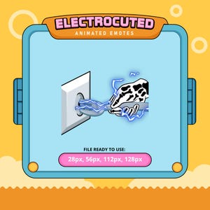 Puede incluir: Emoticono animado de una mano esquelética sosteniendo un tenedor enchufado a una toma de corriente con chispas azules. El texto "ELECTROCUTED ANIMATED EMOTES" está en la parte superior de la imagen. El texto "FILE READY TO USE: 28px, 56px, 112px, 128px" está en la parte inferior de la imagen.