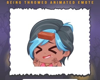 Op de afbeelding: Geanimeerde emoticon van een cartoonvrouw met blauw haar en bruine huid. Ze draagt een roze top en heeft een houten blok op haar hoofd. De tekst "HADDIE KAUR BEING THROWED ANIMATED EMOTE" staat boven de afbeelding. De tekst "File ready to use: 28px, 56px, 112px, 128px" staat onder de afbeelding. De tekst "File support for Twitch & Discord" staat onder de eerste tekst.