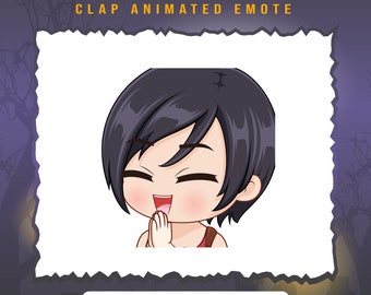 May include: Animated emote of Ada Wong from the video game "Dead by Daylight" clapping her hands together with a happy expression. The emote is in a cartoon style with large eyes and a bright red shirt.