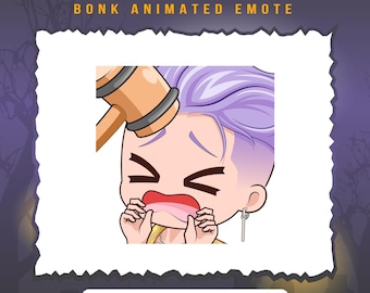 May include: Animated emoticon of a cartoon character with purple hair being bonked on the head with a wooden mallet. The character has a scared expression with their eyes wide open and their mouth open in a scream. The text "TRICKSTER BONK ANIMATED EMOTE" is at the top of the image.